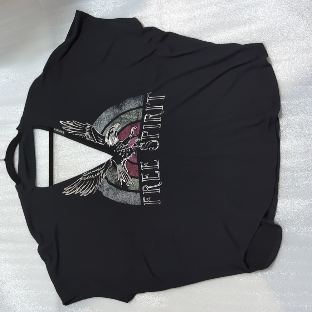 Express Women's Black Plunge Neckline Free Spirit/Eagle Graphic Top Size Large